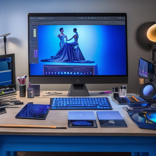 A split-screen image featuring a dance makeup artist's workstation on one side, with makeup brushes, palettes, and mirrors, and a laptop with a social media dashboard open on the other side, surrounded by dance-inspired props.