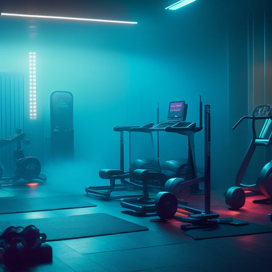 A dimly lit, neon-lit gym interior with sleek equipment and mirrors, surrounded by a haze of fog, with a DJ console in the center, and a pair of headphones lying on the floor.