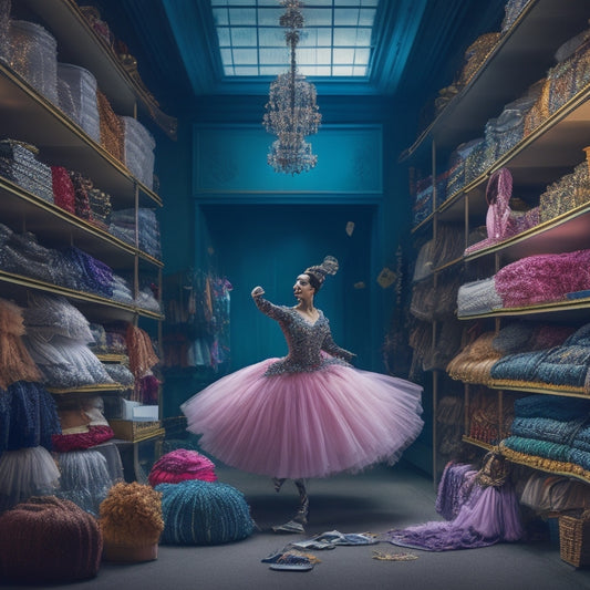 A whimsical illustration featuring a dancer surrounded by overflowing costume racks and shelves, with a few costumes scattered on the floor, amidst a subtle cityscape background.