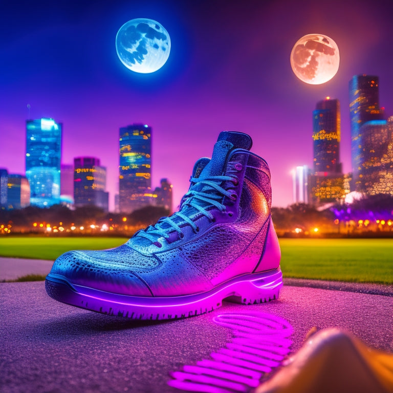 A vibrant nighttime cityscape of Houston with a giant pair of dancing shoes in the foreground, surrounded by swirling lights and colors, with the Houston skyline and a full moon in the background.