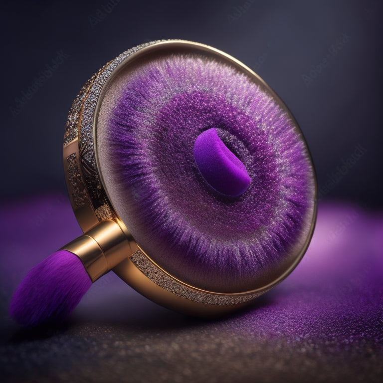A luxurious, golden makeup brush strokes a circular canvas, surrounded by delicate, swirling patterns of pink and purple hues, set against a rich, velvety black background.