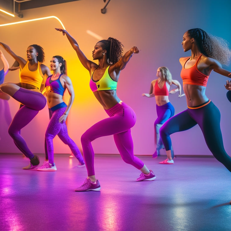 A vibrant dance studio filled with diverse individuals in dynamic poses, wearing sleek fitness trackers. Colorful lights illuminate the space, showcasing energy and movement. Sweat glistens as music notes visually flow around them.