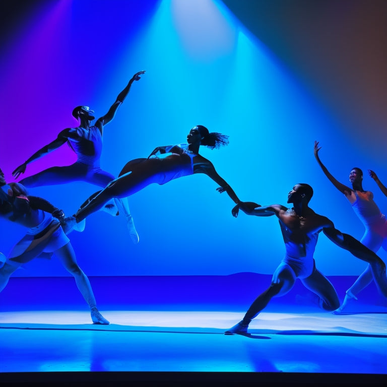 A dynamic illustration of Alvin Ailey's dancers in mid-performance, set against a vibrant, electric blue background, with spotlights casting dramatic shadows, capturing the intensity and energy of the Atlanta show.