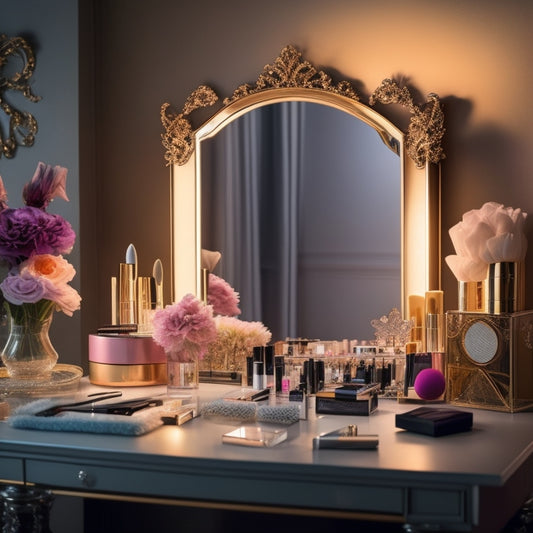 A beautifully lit, clutter-free vanity with a large mirror, surrounded by an assortment of makeup brushes, palettes, and products, with a few dance-inspired accessories like a tiara or ballet shoes nearby.