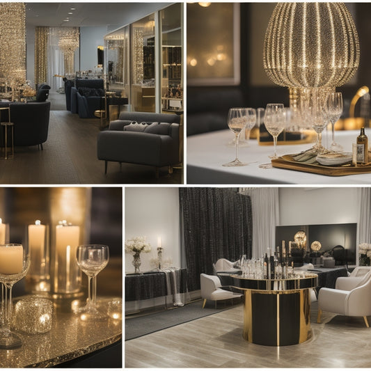 A luxurious, modern salon with sleek furniture and gleaming equipment, filled with stylishly dressed guests mingling and laughing, surrounded by champagne flutes and canapés, under sparkling string lights.