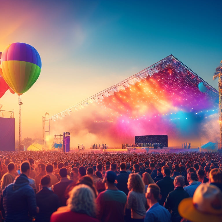 A vibrant illustration featuring a grand outdoor concert stage at sunset, with a diverse crowd of people dancing and cheering, surrounded by colorful balloons and confetti.