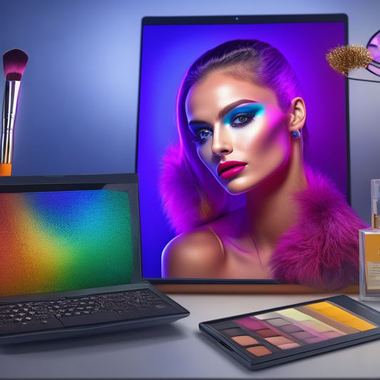 A dramatic spotlight shines on a dancer's face, with a tablet in the foreground displaying a digital makeup guide, surrounded by colorful makeup brushes and products.