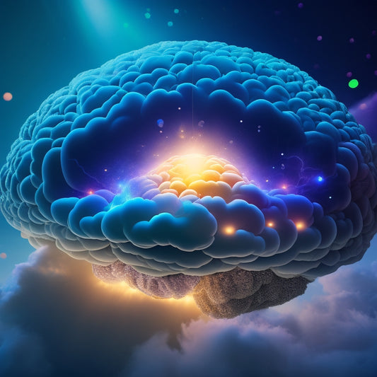 A stylized illustration of a brain with glowing, interconnected zones, surrounded by swirling clouds of thought bubbles, with subtle, shimmering lights radiating outward, conveying growth and expansion.