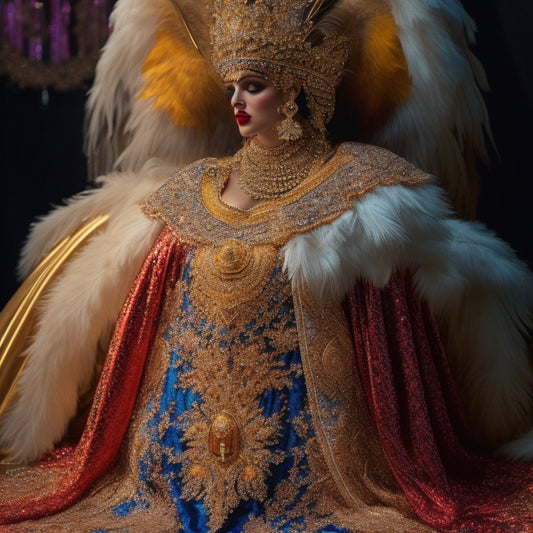 A lavish, intricately designed costume lies on a velvet-draped pedestal, surrounded by scattered gemstones, feathers, and delicate lace, with a soft, golden light radiating from the center.