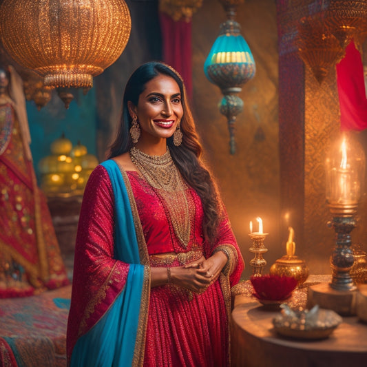 A serene, dimly lit studio with a beautiful, smiling woman in a flowing, jewel-toned skirt, arms extended, and hips swaying, surrounded by Middle Eastern-inspired tapestries and lanterns.