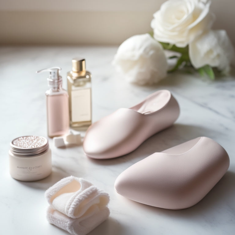 A delicate, pale pink ballet slipper lying on a soft, white towel, surrounded by tiny bottles of lotions and creams, with a few toe pads and a nail file scattered around, on a serene, creamy background.