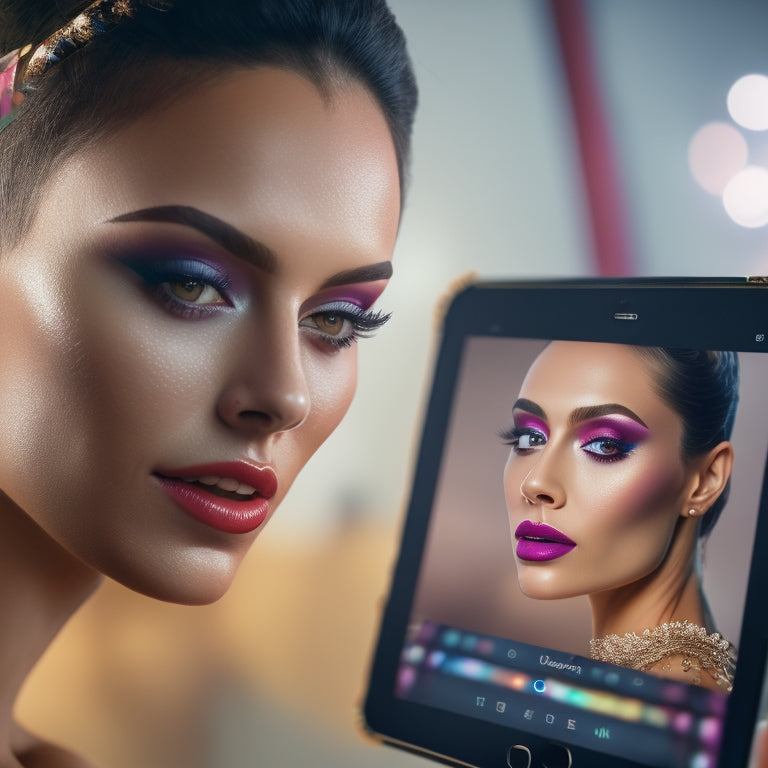 A close-up of a dancer's face with a tablet or smartphone in the background, displaying a makeup tutorial video, surrounded by makeup brushes and products, with a blurred-out dance studio in the background.