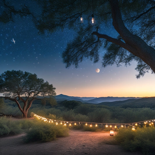 A starry night sky with twinkling constellations above a serene Texas hill country landscape, adorned with string lights and lanterns, amidst lush greenery and rustic wooden accents.