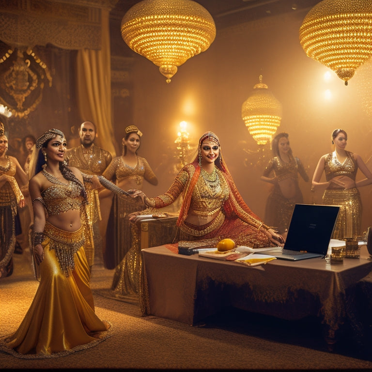 A warm, golden-lit dance studio with a beautiful, smiling belly dancer in the center, surrounded by laptops, tablets, and smartphones, with a subtle, shimmering aura and intricate Middle Eastern patterns in the background.