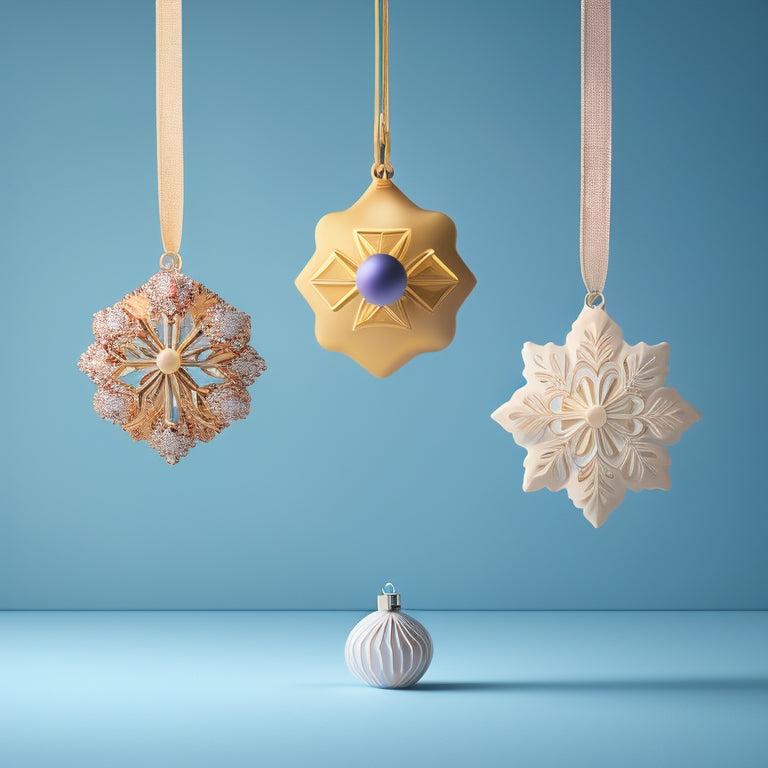 A whimsical, minimalist illustration featuring three colorful, intricately designed ornaments in varying shapes and sizes, suspended from a delicate, snowflake-patterned string against a soft, creamy background.