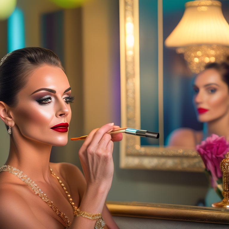 A glamorous ballroom dancer, mid-pose, faces a vanity mirror, surrounded by makeup brushes, eyeshadows, and lipsticks, with a subtle sparkle on her face and a hint of stage lighting.