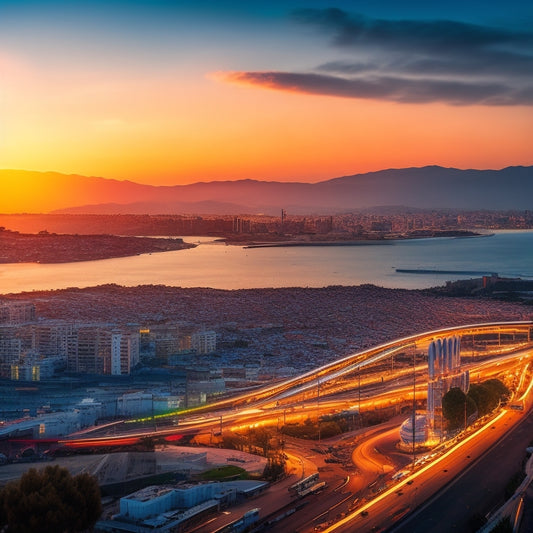 A stylized, modern cityscape of Izmir at sunset, with sleek, curved lines and bold colors, featuring a subtle, glowing web network in the background, with a subtle Turkish flag motif.