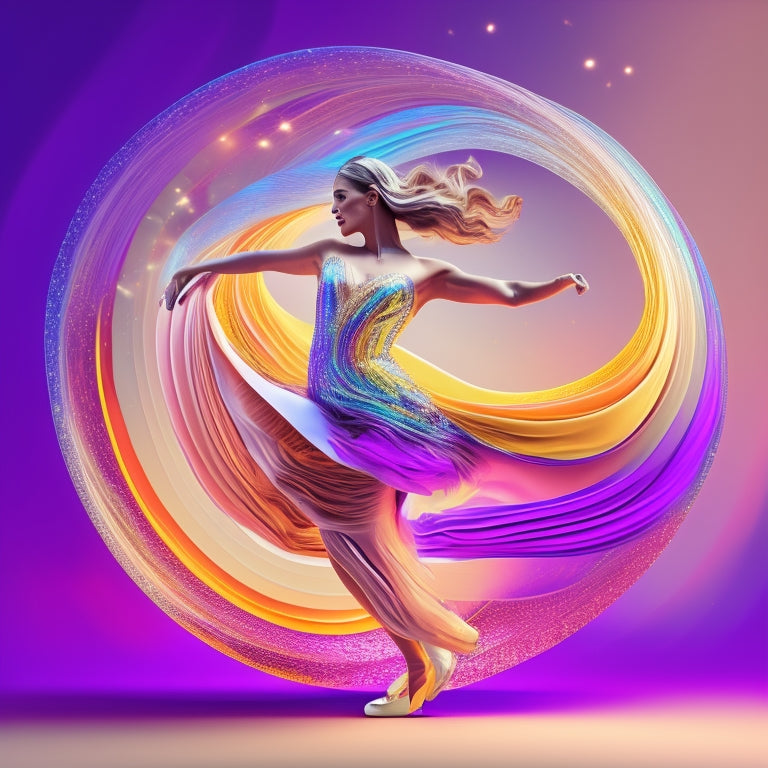 A whimsical illustration of a dancing figure in motion, surrounded by swirling shapes and lines that evoke energy and movement, set against a bright, gradient-colored background with a subtle sparkle effect.