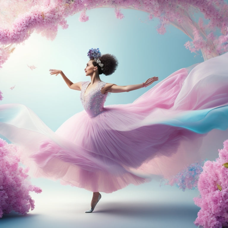 A whimsical illustration of a dancer in motion, surrounded by swirling ribbons and flowers, set against a soft, gradient background of pastel pink and blue hues.