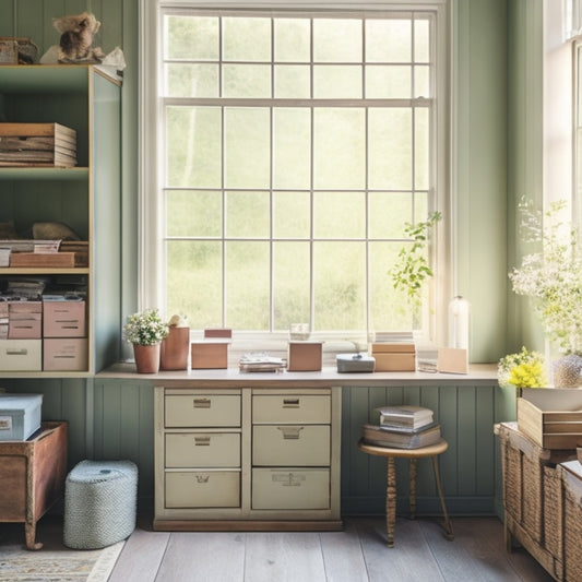 A serene workspace featuring labeled archival storage boxes in soft pastel colors, neatly arranged on wooden shelves, surrounded by vintage photographs, delicate paper artifacts, and a warm, natural light streaming through a nearby window.