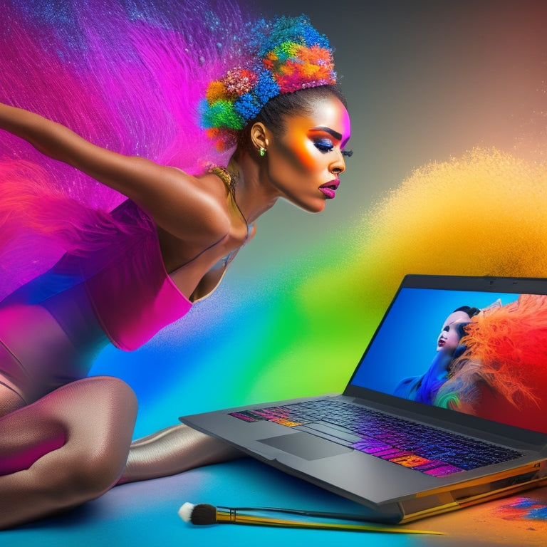 A colorful, dynamic illustration of a dancer in front of a laptop, surrounded by makeup brushes and palettes, with acityscape or dance studio background, conveying creativity and self-expression.