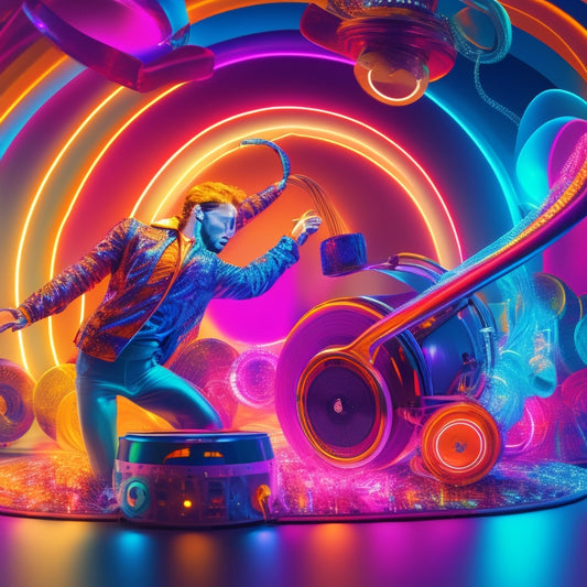 A vibrant illustration of a dancing figure surrounded by swirling music notes, colorful vinyl records, and headphones, set against a bright, neon-lit background with flashing lights.