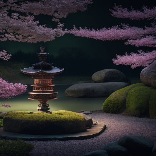 A mystical, moonlit Japanese garden with a worn, ancient scroll lying open on a stone pedestal, surrounded by cherry blossoms and subtle, glowing ninja silhouettes in the background.