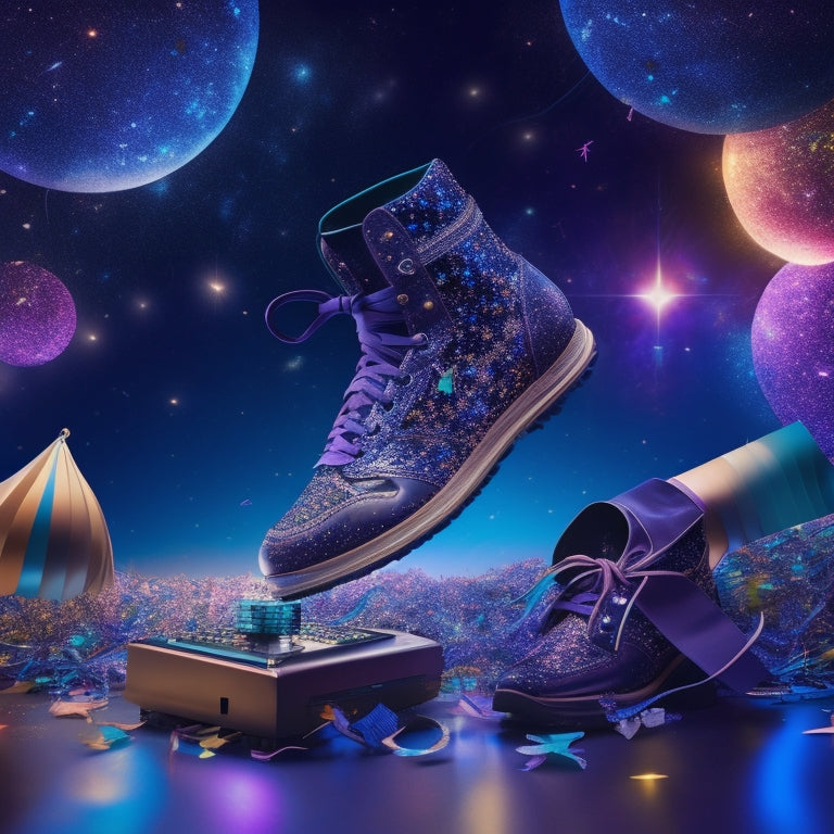 A vibrant, abstract illustration featuring a pair of dancing shoes bursting out of a computer screen, surrounded by swirling ribbons of music notes and confetti, set against a bright, starry night sky.