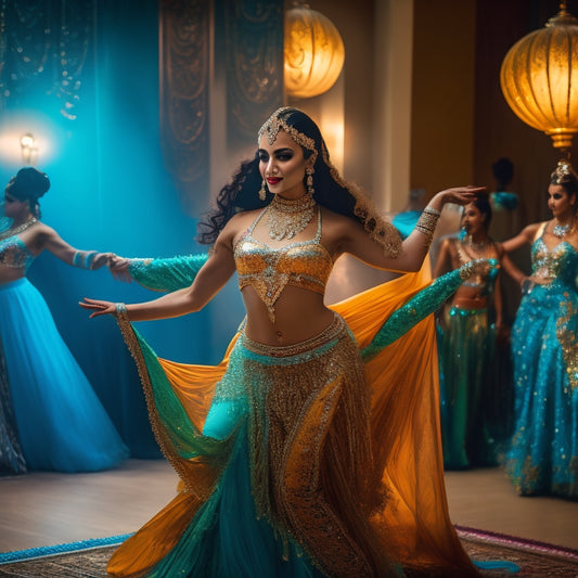 A vibrant, golden-lit dance studio with a solo belly dancer in a flowing, turquoise costume, surrounded by colorful fabrics, shimmering jewelry, and ornate props, frozen in a dynamic pose.