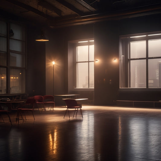 A dimly lit dance studio with a spotlight shining on a lone dancer in the front row, surrounded by empty chairs, with a cityscape visible through the window behind.