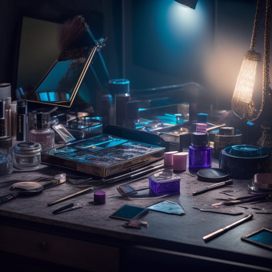 A dimly lit, cluttered makeup station with scattered brushes, palettes, and broken compacts, surrounded by torn-out magazine cutouts of dancers, with a blurred-out mirror reflection in the background.