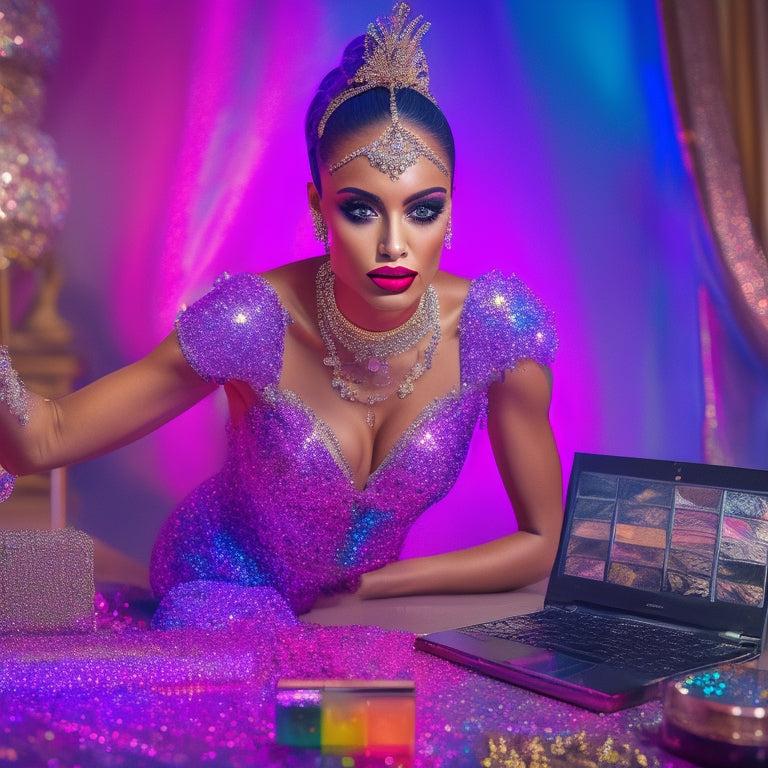 A glamorous, spot-lit dancer posing in front of a vanity, surrounded by makeup brushes and colorful cosmetics, with a laptop and certificate in the background, amidst a whirlwind of glitter and rhinestones.