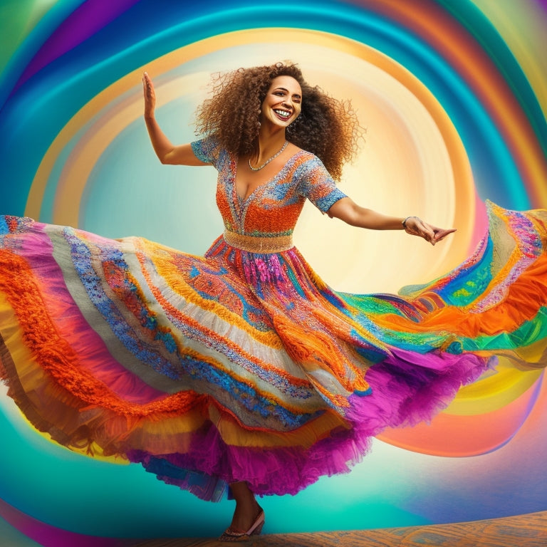 A whimsical illustration of a serene, smiling woman surrounded by swirling, colorful dance-inspired patterns, her arms outstretched, and her feet bare, as if mid-twirl, amidst a calming, dreamy atmosphere.