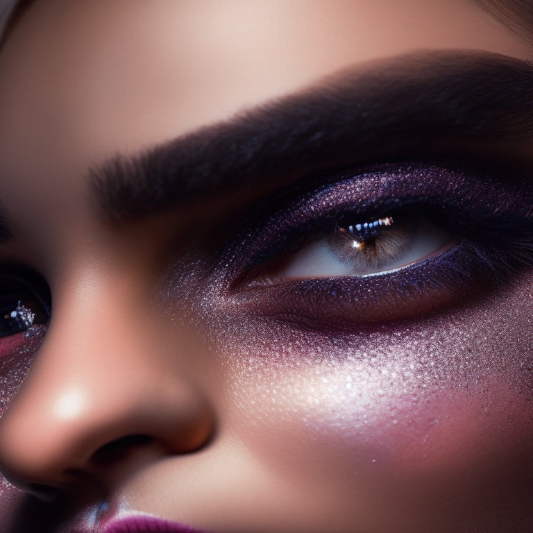 A close-up of a dancer's face, spotlight shining on their eyes, with bold, shimmering eyeshadow, thick lashes, and a subtle cat-eye liner, surrounded by darkness, with a blurred-out dance studio background.