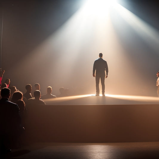 A spotlight shines down on a confident performer standing on a stage, with a subtle glow surrounding their body, conveying charisma and authority, amidst a blurred-out audience in the background.