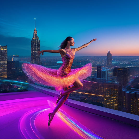A vibrant, dynamic illustration of Jacquelyn Pritz in mid-dance, surrounded by swirling ribbons of light, her legs extended in a grand jeté, with the Atlanta cityscape subtly blurred in the background.