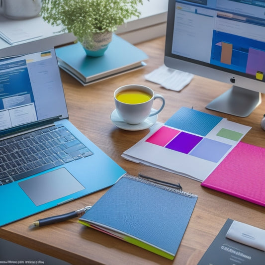 A colorful, organized desk with a laptop, a cup of coffee, and a few scattered papers, featuring a partially filled-out evaluation form with checkboxes and ratings scales in the center.