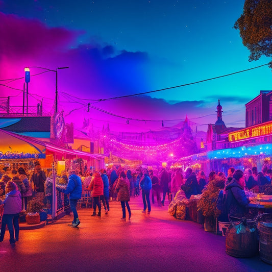 A vibrant, neon-lit urban landscape at dusk, with a bustling cider house in the center, surrounded by pulsing DJ lights and a sea of dancing silhouettes, under a starry night sky.