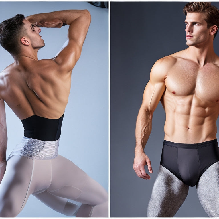 A split-screen image: on one side, a male dancer in a ballet or modern dance pose, wearing a dance belt and tights, with a subtle hint of a cup underneath; on the other side, a close-up of a dance belt with a cup visible underneath.