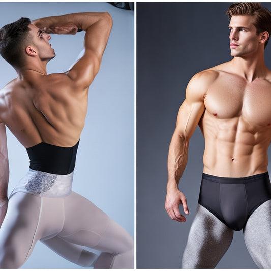 A split-screen image: on one side, a male dancer in a ballet or modern dance pose, wearing a dance belt and tights, with a subtle hint of a cup underneath; on the other side, a close-up of a dance belt with a cup visible underneath.