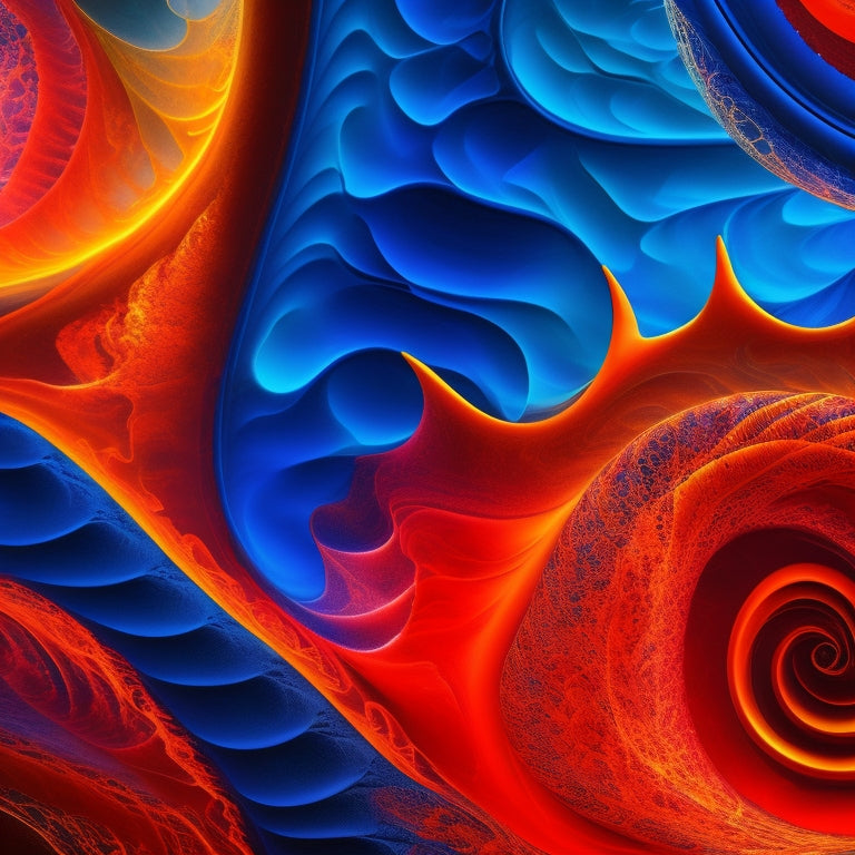 Vibrant orange and yellow flames dance across a dark blue background, intertwined with swirling Bargello quilting patterns in shades of crimson and gold, evoking a sense of fiery energy and movement.