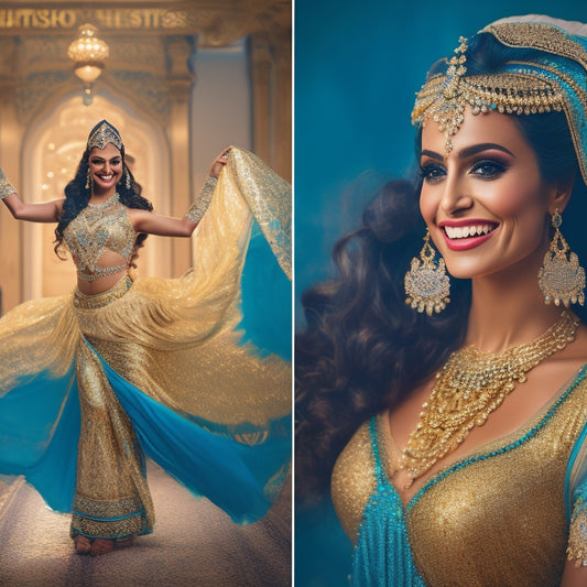 An illustration featuring a serene, golden-lit dance studio with a beautiful, smiling woman in a flowing, turquoise belly dance costume, surrounded by Middle Eastern-inspired patterns and a few strategically placed veils.