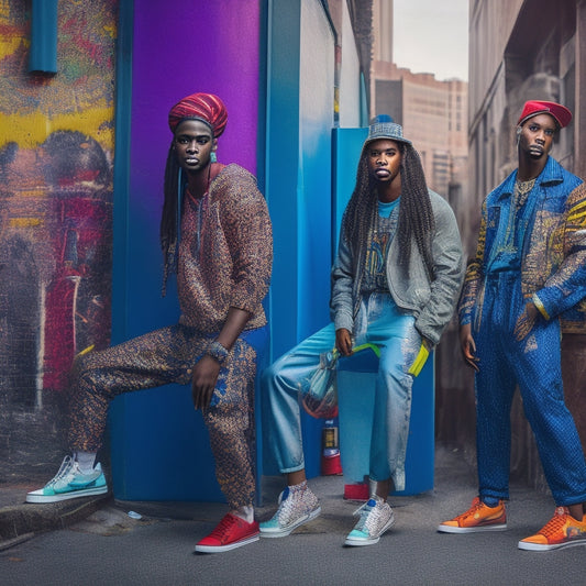 A stylish urban scene featuring diverse models wearing vibrant, oversized hip hop pants with unique patterns, paired with trendy sneakers and accessories, set against a graffiti-covered wall, capturing the essence of streetwear culture.
