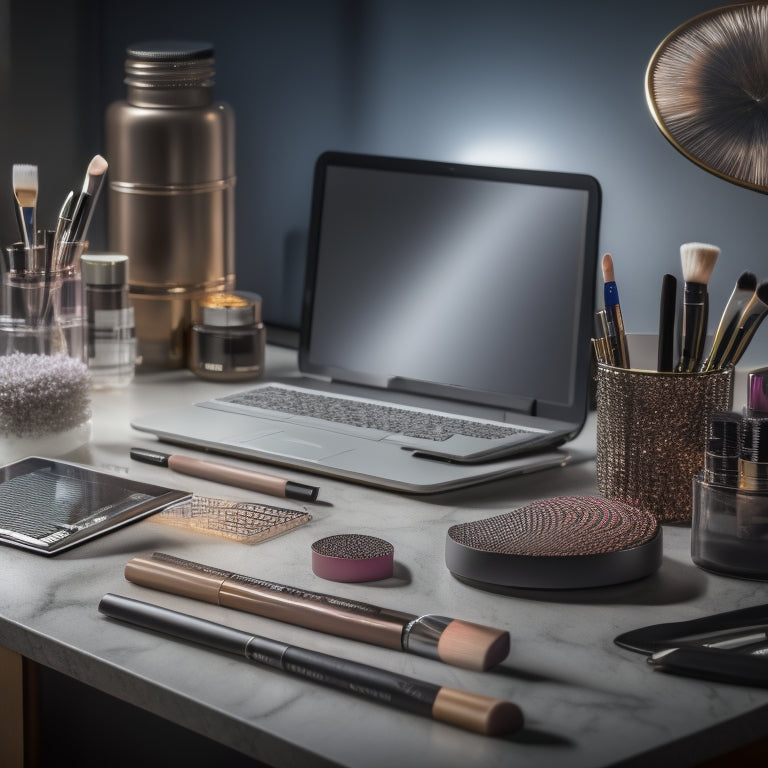 A cluttered makeup station with scattered products, brushes, and papers, contrasting with a clean and organized digital tablet displaying a calendar, to-do lists, and a virtual makeup palette.