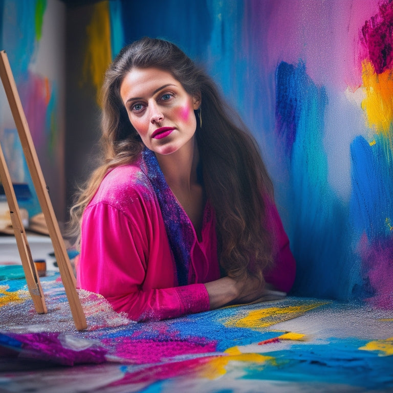 A vibrant, abstract portrait of Laura Grier, comprising swirling brushstrokes of bold colors, surrounded by fragmented canvases, paint-splattered easels, and scattered art supplies, exuding creative energy and collaboration.