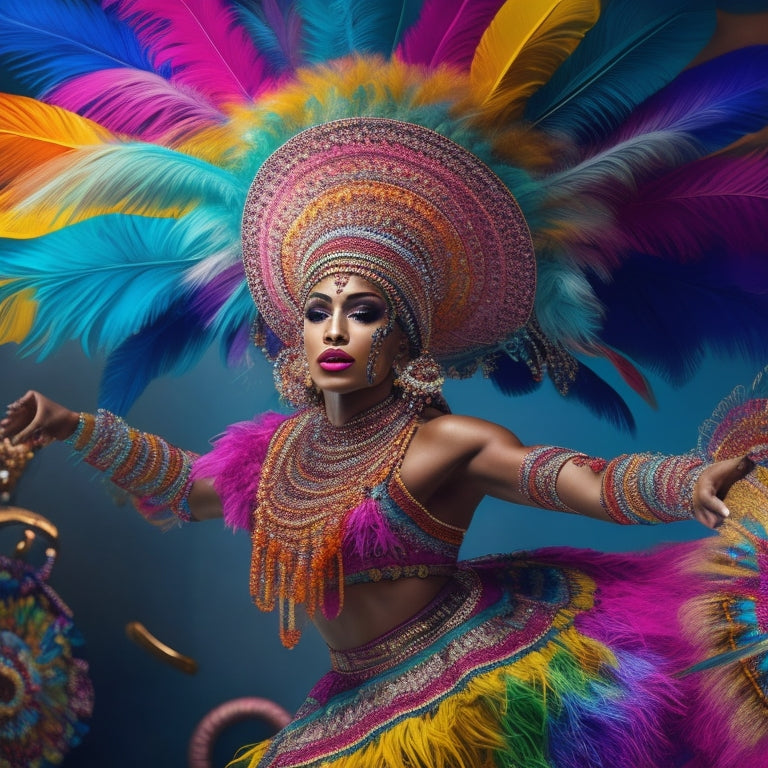 Vibrant, colorful illustration of a dynamic dancer in mid-move, surrounded by swirling patterns of maracas, feathers, and Latin-inspired motifs, evoking energy and passion.