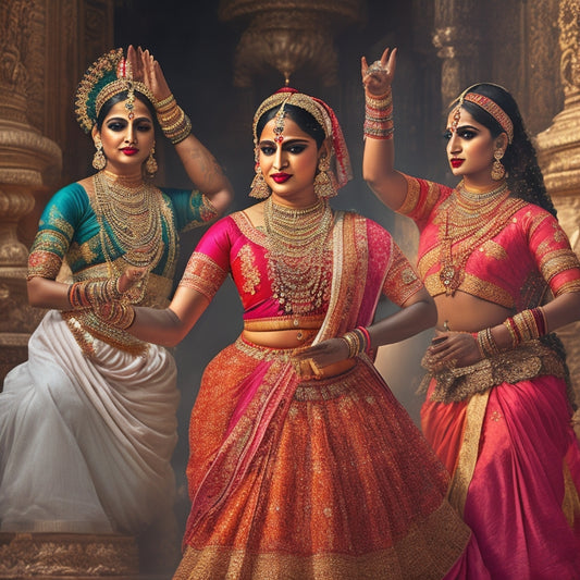 A vibrant illustration featuring a collage of traditional Indian dance forms, including Bharatanatyam, Kathak, and Odissi, with intricate costumes, ornate jewelry, and expressive hand gestures.