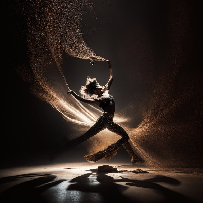 A silhouette of a dancer (Felix Halpern) in mid-air, surrounded by swirling darkness, with shards of light piercing through, illuminating fragments of broken chains and shattered shadows.