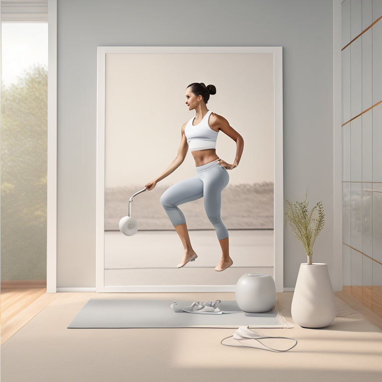 A serene, minimalist illustration featuring a flexible, toned individual in their mid-30s, mid-exercise, surrounded by subtle, soft-focus athletic equipment, with gentle, soothing colors and gentle shading.