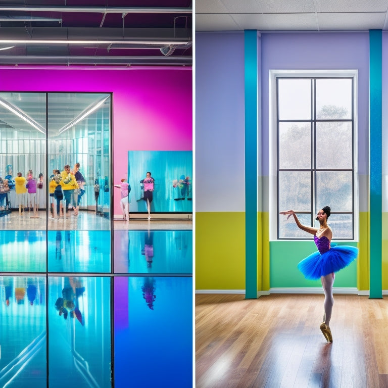 A colorful dance studio with mirrored walls, wooden floors, and a ballet barre, featuring vibrant posters of dancing silhouettes, musical notes, and inspirational quotes, surrounded by dance shoes and costumes.